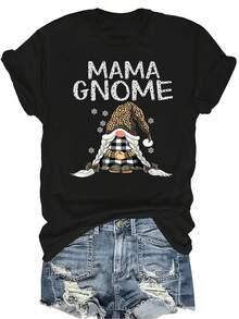 [Camiseta de moda casual] Camiseta suave y cómoda para mujer - Gnomo mamá estampado de leopardo invierno casual de manga corta cuello redondo, regalo perfecto para la abuela y la mamá, uso casual primavera verano - Negro - Ver 1