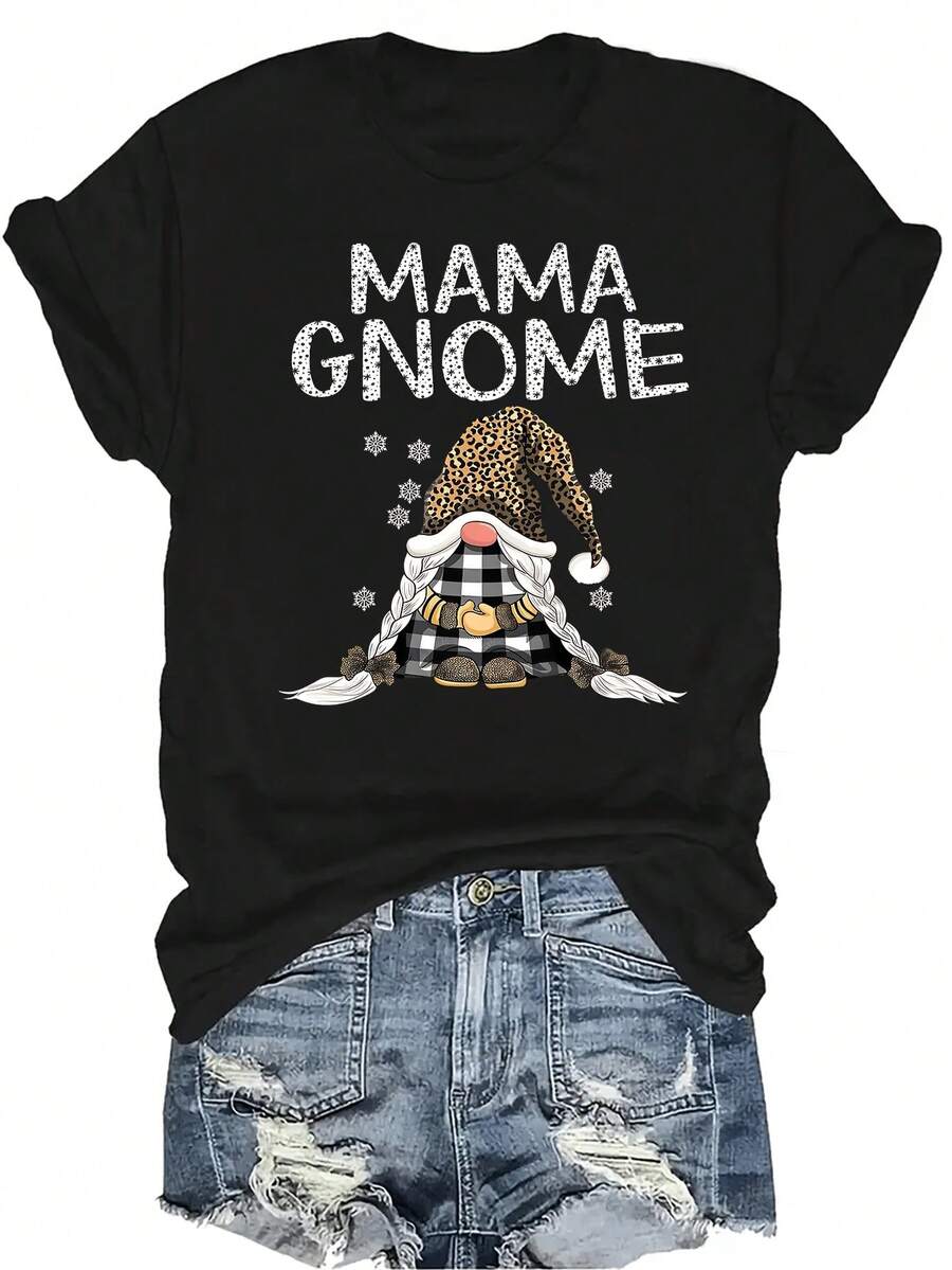 [Camiseta de moda casual] Camiseta suave y cómoda para mujer - Gnomo mamá estampado de leopardo invierno casual de manga corta cuello redondo, regalo perfecto para la abuela y la mamá, uso casual primavera verano - Negro - Ver 1