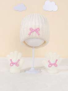 2 件套女童刺绣蝴蝶结针织帽 + 刺绣蝴蝶结手套，秋冬可爱针织帽套装 - 2pcs - 查看 15