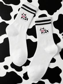 1/5/10 双可爱的中筒袜，带有可爱的奶牛图案，简单的黑白条纹奶牛白色袜子是农场家庭的必备品，柔软而俏皮，女士袜子，女士袜子，白色袜子，白色双条纹袜子 - 彩色 - 查看 2