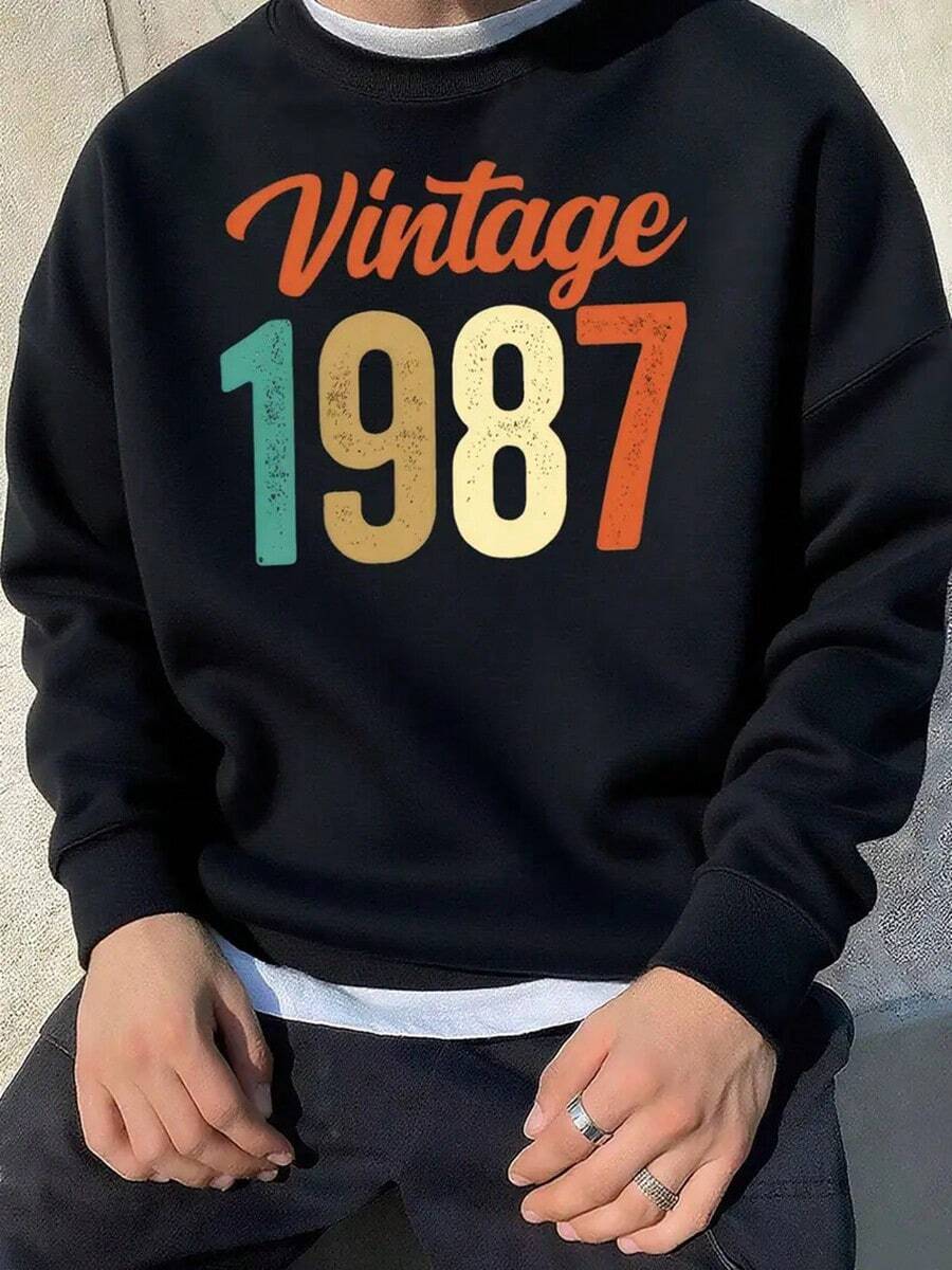 Men's 1987 Vintage Print Retro 80s Nostalgia Crewneck Sweatshirt - Green With Multicolor Number Design,Fall Hoodies,Men's Fall Clothes,Street Wear,Halloween,Mens Hoodies,Y2k Clothes,Jesus Hoodie,Thanksgiving Day,Nightmare Before Christmas,Christmas - màu đen - Xem 1