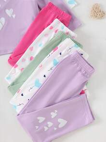 Conjunto de 10 peças/conjunto para meninas, estampa casual de coração + estampa aleatória de coração por toda parte + camiseta de manga comprida de cor sólida combinada com estampa de coração + estampa aleatória de coração por toda parte + conjunto de leggings de cor sólida, outono/inverno