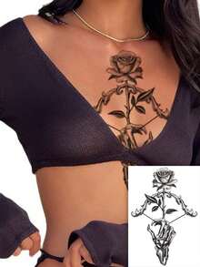 Waterproof Temporary Transfer Tattoo,1pc Water Transfer Paper, Dark Gothic Style, Skeleton Hand & Rose Totem Pattern, Exquisite Sketch Line Details, Long Lasting Fake Tattoo Stickers, Body Art Decals For Women, Suitable For Chest, Abdomen, Waist - Black - View 3