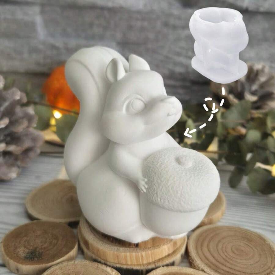 Khuôn đất sét tự làm hình sóc nhỏ cầm quả thông để trang trí nhà cửa, khuôn tượng sóc dùng để làm nhựa, thạch cao, sáp, nến, nhang. - khuôn silicon - Xem 1