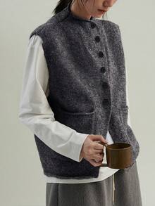Alicedudu Gilet cardigan femme minimaliste à design de patte oblique pour l'automne/hiver - Gris foncé - Voir 1