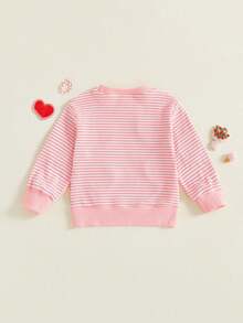 Sudadera de San Valentín para niñas pequeñas con bordado de corazón a rayas, corte holgado, informal, cuello redondo, manga larga - Rosa - Ver 3