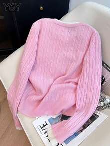 [Y6Y] Women's Pink Knitted 2 In 1 Contrast Color Cardigan, Long Sleeve, Regular Length, Medium Elasticity Cable Knit Sweater Top, Sweet Casual Wear For Autumn - Baby Pink - View 2
