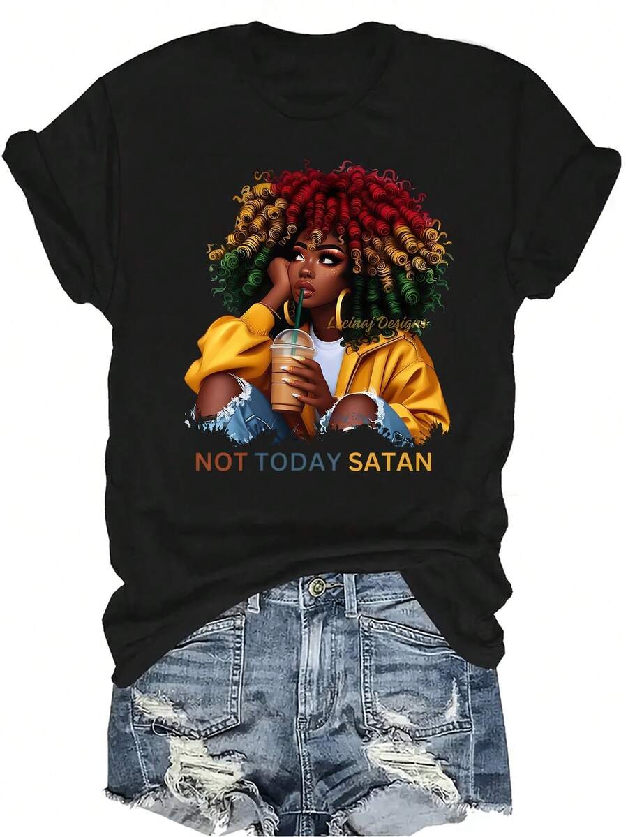 [Camiseta de moda casual] Camiseta de mujer suave y cómoda - Estampado de arte afro vibrante Casual de manga corta y cuello redondo, regalo perfecto para la abuela y la mamá, uso casual de primavera y verano - Negro - Ver 1