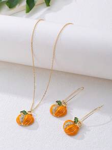 Fashionable Cute Zinc Alloy 3D Pumpkin Rhinestone Enamel Orange Pendant Necklace And Long Hook Earrings, Suitable For Women And Girls Halloween Autumn Harvest - Orange - View 4