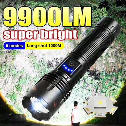 9900 Lumen ultrastark LED Taschenlampe, wiederaufladbar, 30W LED Taschenlampe, zoombar, Reichweite bis 1000m, Hochleistungs-Camping-Fackel