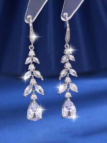 2 件叶子长吊坠耳环女式镀银方晶锆石耳环奢华新娘婚礼珠宝订婚周年礼物送给女朋友妻子情侣情人节 - 銀色 - 查看 6
