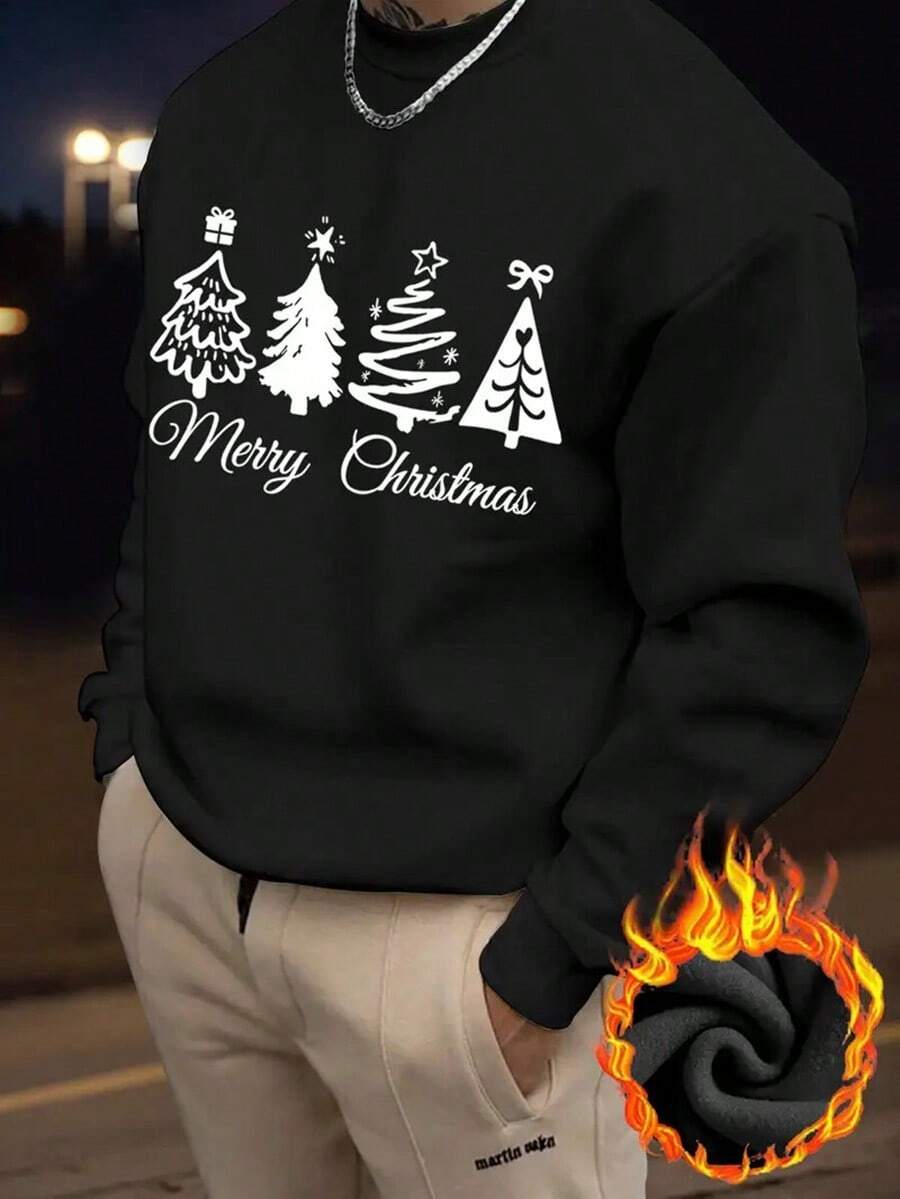 1pc Men'S Christmas Sweatshirt, Crew Neck, Casual Style, Polyester Knit Fabric With Slight Stretch, Regular Fit, Warm And Skin-Friendly, Merry Christmas Print Design,Fall Hoodies,Men's Fall Clothes,Street Wear,Halloween,Mens Hoodies,Y2k Clothes,Jesus Hoodie,Thanksgiving Day,Nightmare Before Christmas,Christmas - 黑色 - 查看 1