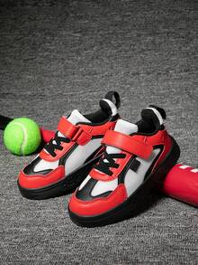 1 par de zapatillas casuales para niños, de tela y diseño, planas, transpirables, elásticas, suaves, ligeras, antideslizantes, con , adecuadas para correr, caminar, todo el año, primavera/otoño - negro rojo - Ver 6