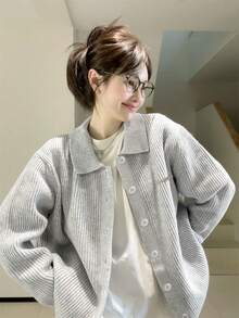 韩版灰色翻领针织开衫女，秋冬休闲宽松长袖毛衣 - 花灰色 - 查看 3