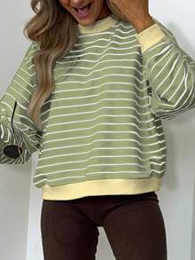 女士休闲黑白条纹长袖卫衣，舒适简约风格，适合秋冬季穿着 - 橄欖綠 - 查看 4
