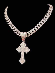 1pc Fashion Creative Cross Shaped Pendant With 13mm Miami Cuban Chain, Men's Hip Hop Rock Street Style Cross Pendant Necklace, Punk Necklace Suitable For Daily Wear Or Party, Valentine's Day Gift, 2 Chain Options - Silver - View 2