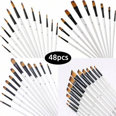 48 piezas Juego de pinceles de artista profesional, fabricado con mangos de madera de alta calidad y cerdas de nailon - Incluye pinceles redondos, de filamento, planos y angulados, adecuados para acrílico, acuarela, pintura al óleo y manualidades - Ideal para artistas y entusiastas del arte, perfecto para suministros de arte