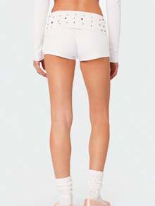 Womens Studded Fold Over Micro Shorts Y2k Low Waist Slim Fit Rivet Booty Shorts Foldover 00s Girls Going Out Bottoms Streetwear - 白色 - 查看 4