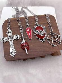 Set de 5 collares con colgantes de estilo gótico, punk y vintage Y2K que incluyen murciélago, gema, cruz, ataúd, flecha y corazón, ajustables, para fiestas y reuniones