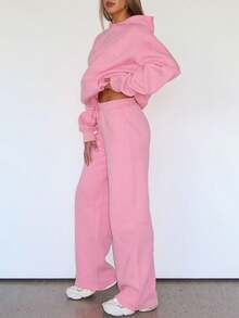 Two Pieces Set Autumn And Winter Casual Plain Sweatshirt Set, Hooded Pocket Top, Paired With Elastic Waist Drawstring Straight Leg Pants, Two Pieces Set.Outfits Suit - Pink - View 5