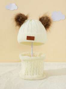 2pcs/Set 1-5Y Double Ball Letter Knit Hat + Plush Scarf 2 Pieces Set, Warm Autumn/Winter Outdoor Knit Hat Set - 2pcs - View 14