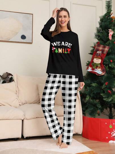 圣诞节新品随机艺术字母印花女士两件套睡衣套装、家居服、秋装