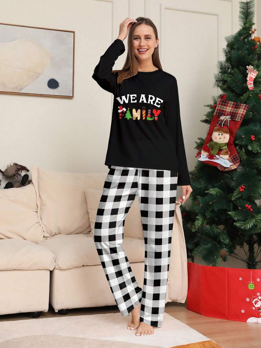 圣诞节新品随机艺术字母印花女士两件套睡衣套装、家居服、秋装 - 彩色 - 查看 1