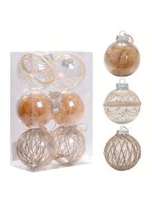 1 set/6 buc. Set ornamente de Crăciun bej cu globuri, set de globuri de Crăciun cu sfoară transparentă PET, decorațiuni rustice pentru bradul de Crăciun, potrivite pentru decorul camerei, decorul casei, decorul dormitorului, decorațiuni de Crăciun, decorul de perete, decorul de Crăciun pentru casă, decorațiuni de ziua de naștere