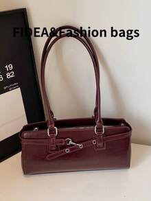 Sac baguette à la mode pour femme, style vintage minimaliste, couleur unie, avec bandoulière laqué, sac polyvalent de haute qualité, idéal pour les voyages, le shopping, les rendez-vous et autres occasions. - Rouge - Voir 9
