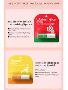 3g Plant-Based Lip Balm, Nourishing & Plumping, Available In Watermelon/Honey/Coconut/Peach Flavors, Moisturizing, Repairing Dry, Chapped Lips, Fading Lip Lines, Daily Lip Care - Multicolor - View 9