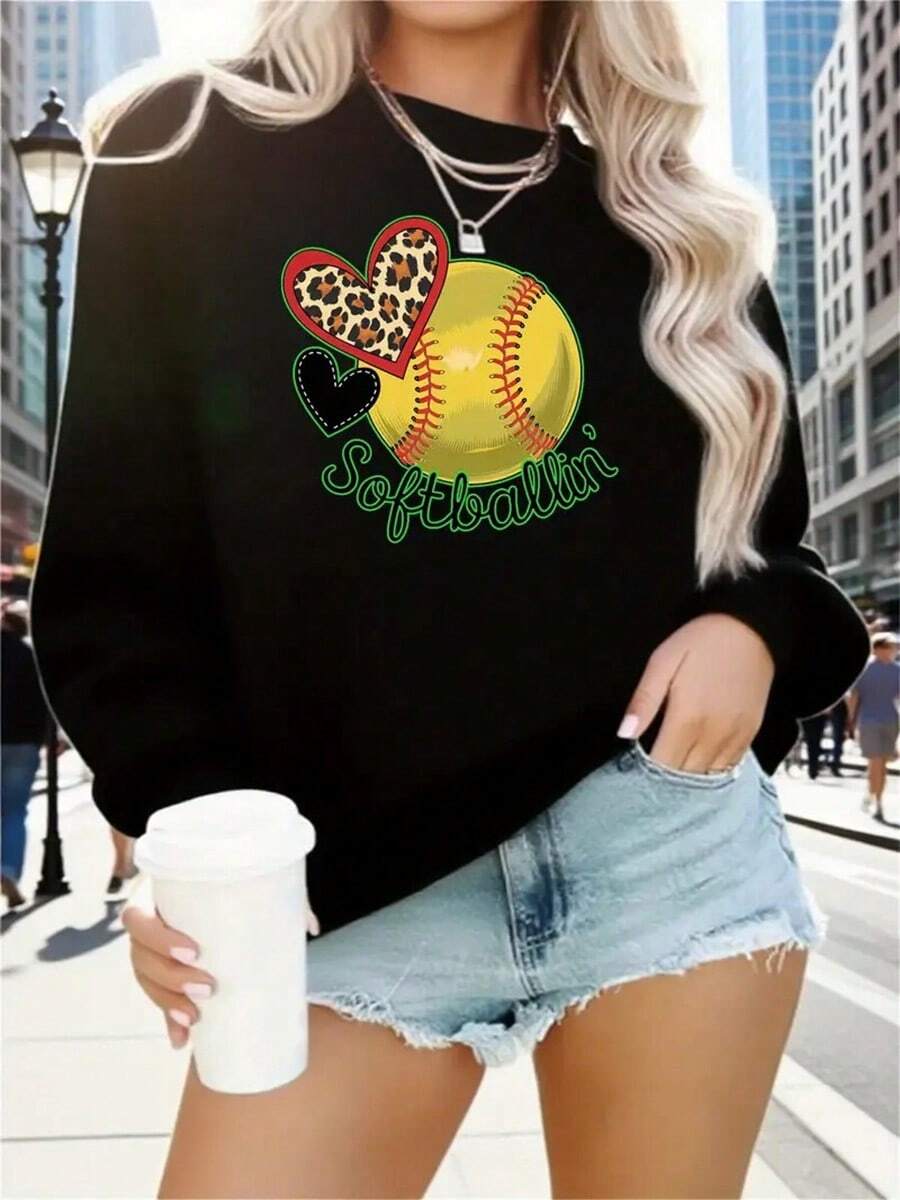 MEN's Softball Graphic Print Sweatshirt - Leopard & Heart Design, Loose Fit Long Sleeve Round Neck Pullover, Machine Washable Top For All-Season Casual Wear, Weekend Attire, Everyday Outfit, Y Design,Fall Hoodies,Men's Fall Clothes,Street Wear,Halloween,Mens Hoodies,Y2k Clothes,Jesus Hoodie,Thanksgiving Day,Nightmare Before Christmas,Christmas - Black - View 1
