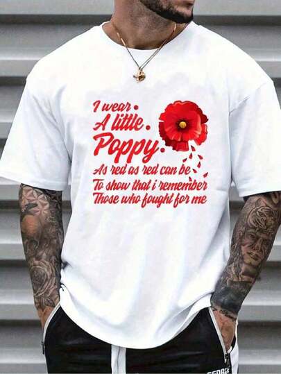 Men's 100% Cotton ANZAC Day Poppy Shirt - White T-Shirt With Red & Black WWI Remembrance Design, Lightweight Breathable Regular Fit Crew Neck Tee For Everyday & Commemorative Events, Machine Washable Casual Top For Men, Mens Casual And Stylish Tshirts, Patriotic Clothing, Comfortable Material, Durable Construction, History Enthusiasts, Adult Men