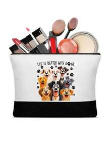 حقيبة تسوق نسائية بتباين الأبيض والأسود مع جيب، طباعة 8 كلاب ضاحكة، الحياة أفضل مع الكلاب، بسحاب، حقيبة بألوان متباينة، حقيبة صغيرة بألوان متباينة، حقيبة تسوق محمولة باليد، حقيبة تسوق أبيض وأسود، حقيبة تسوق بألوان متباينة، تخزين طعام الكلاب، حقيبة تسوق للتنقل، حقيبة تسوق سعة كبيرة
