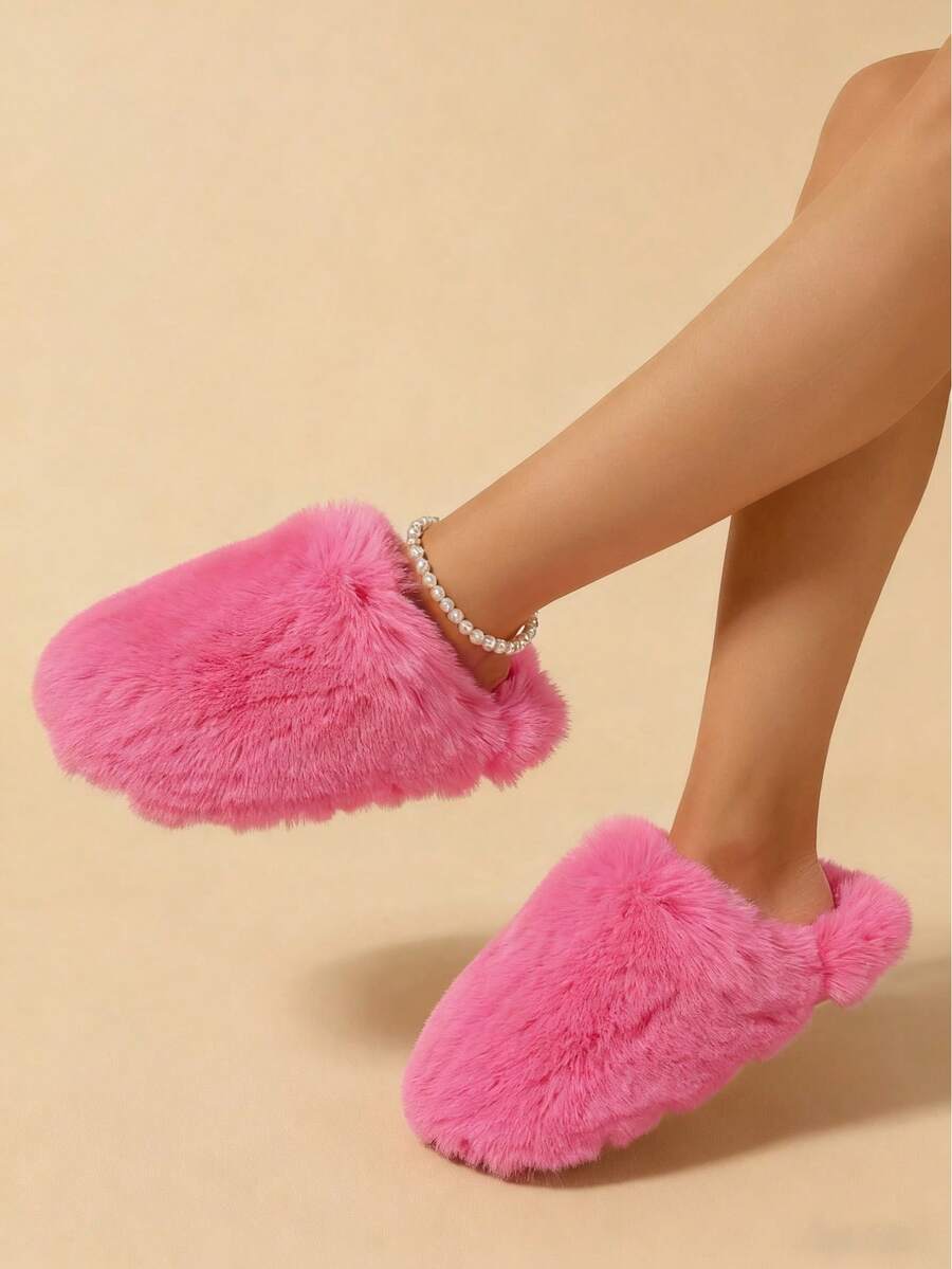 2025秋冬新款时尚男女毛绒拖鞋，保暖毛绒趾套家居拖鞋 - 粉色 - 查看 1