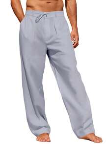 Men's Elastic Waist Beach Joggers Linen Cotton Drawstring Closure Lightweight Loose Style Yoga Ready - Grey - View 4