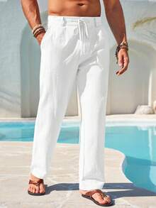 Men's Elastic Waist Beach Joggers Linen Cotton Drawstring Closure Lightweight Loose Style Yoga Ready - trắng - Xem 1