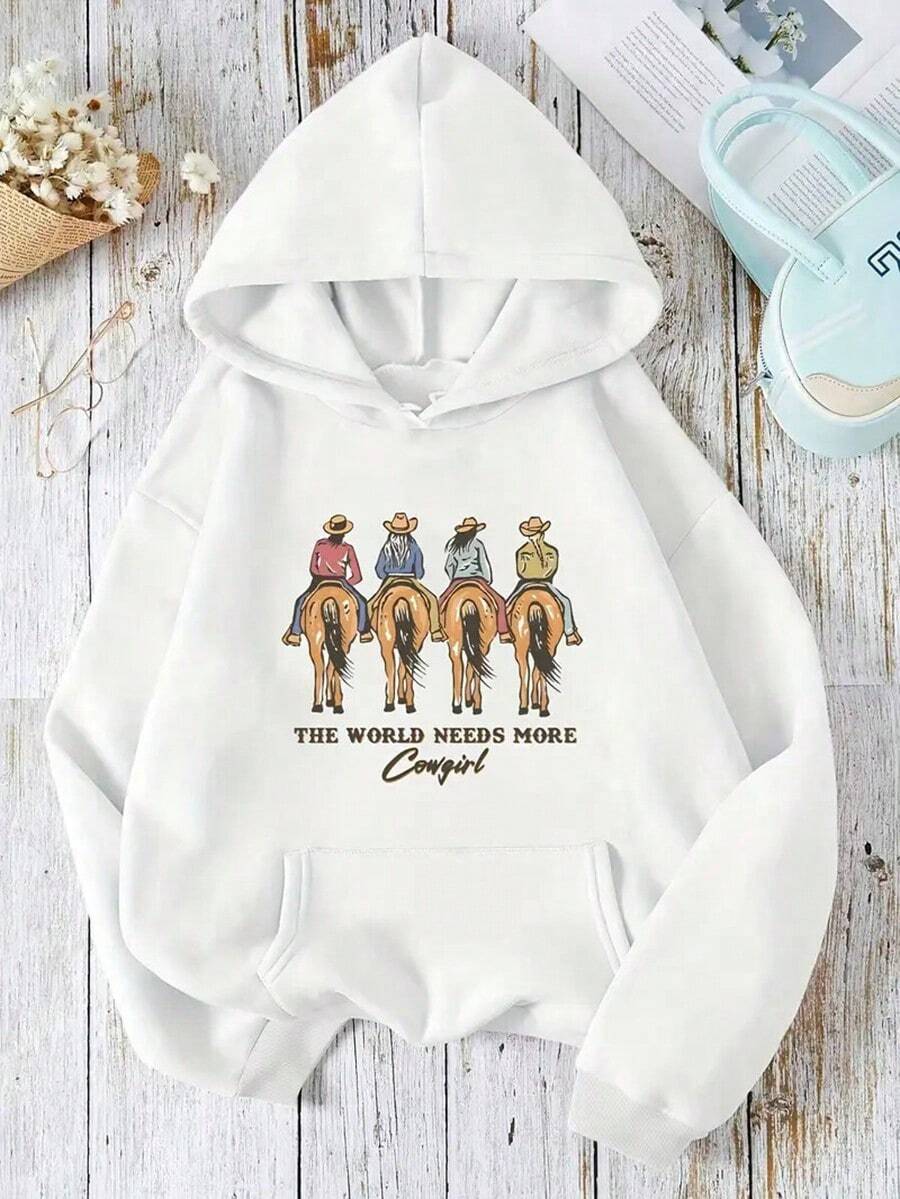 MEN's Western Cowboy Graphic Print Hoodie With The World Needs More Cowboy Slogan, Soft Stretch Polyester Pullover, Front Pockets, Machine Washable, Autumn Winter Casual Sweatshirt, Cowboy Accessories, Winter Pullover, Durable Fabric,Fall Hoodies,Men's Fall Clothes,Street Wear,Halloween,Mens Hoodies,Y2k Clothes,Jesus Hoodie,Thanksgiving Day,Nightmare Before Christmas,Christmas - 白色 - 查看 1