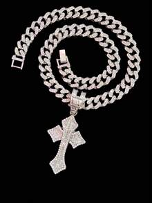 1pc Fashion Creative Cross Shaped Pendant With 13mm Miami Cuban Chain, Men's Hip Hop Rock Street Style Cross Pendant Necklace, Punk Necklace Suitable For Daily Wear Or Party, Valentine's Day Gift, 2 Chain Options - Silver - View 4