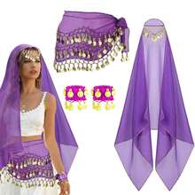 Belly Dance Set Belly Dance Chiffon Hip Scarf, Bandana Wrist Bracelet Dance Accessories With Gold Coins - Multicolor - View 24