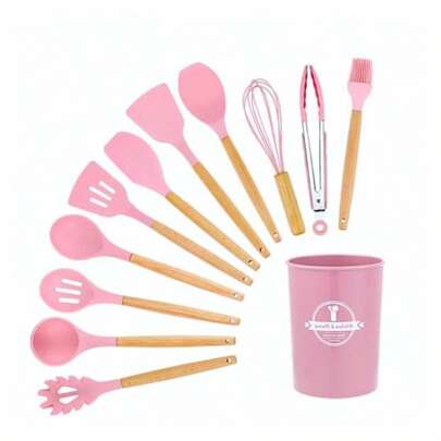 Kit 12 Utensílios Cozinha Silicone Cabo Madeira Resistente Calor Jogo de Utensilios Antiaderente Premium