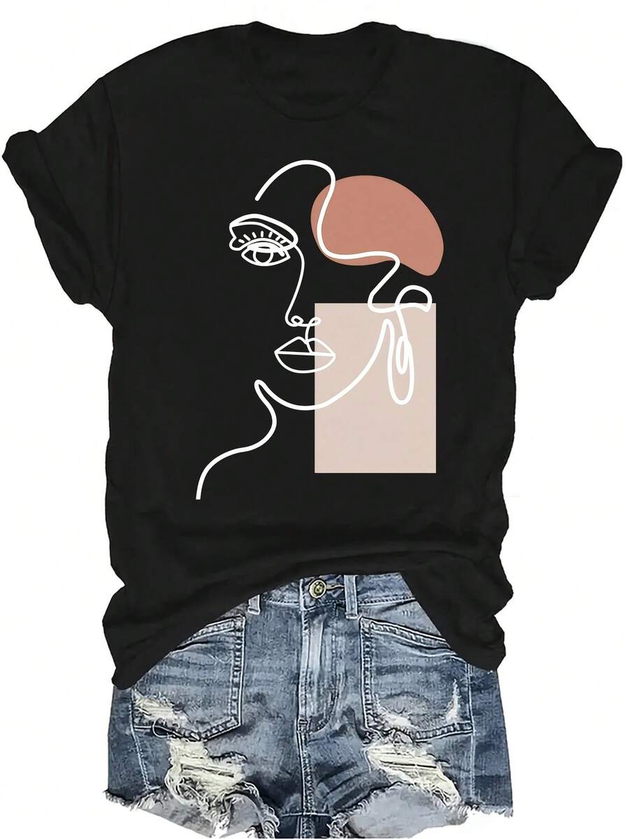 [Camiseta de Moda Casual] Camiseta de Mujer Suave y Cómoda - Camiseta de Cuello Redondo de Manga Corta con Estampado de Cara de Arte de Líneas Abstractas, Regalo Perfecto para Abuela y Mamá, Uso Casual de Primavera y Verano - Negro - Ver 1