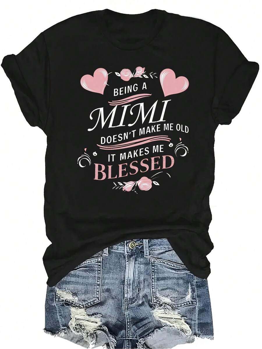 [Camiseta de moda casual] Camiseta suave y cómoda para mujer - Diseño de cita "B-Lessed Mimi" Casual de manga corta y cuello redondo, regalo perfecto para la abuela y la mamá, uso casual de primavera y verano - Negro - Ver 1