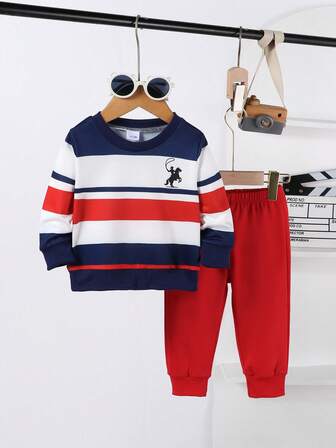 Baby Boy Casual Fashion Classic Striped Equestrian Knight Print Crew Neck Long Sleeve Sweatshirt And Comfortable Pants Set, Suitable For Autumn/Winter, Suitable For Daily And Outdoor Wear