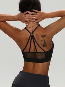 Damen Sport-BH Top, schwarzes Mesh-Patchwork, modische & bequeme Strick-Unterwäsche