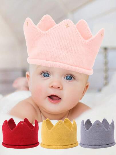 1pc Baby Boy And Girl Birthday Party Knitted Crown Headband Hat, Pink
