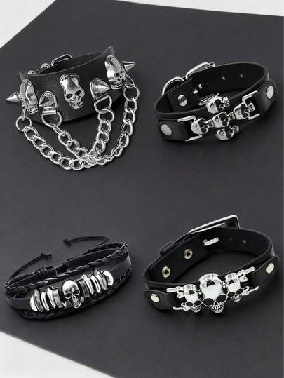 1 Pc Spiked Studded Bracelet Set - Punk Rock Leather Cuff Set For Men & Women, Adjustable Biker Gothic Bracelets For Halloween Christmas Party Favors