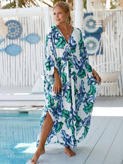 Women's V Neck Handmade Wrinkled Kaftan Dress Long Batwing Sleeve Maternity Friendly Soft Breathable Loose Maxi Dress