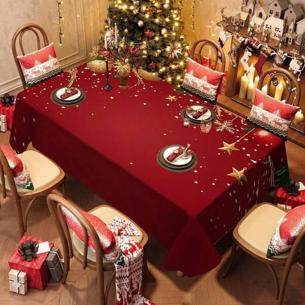 1/20pcs Christmas Tablecloth, Classic Red Background Embellished With Golden Stars And Christmas Ball Pattern Tablecloth, Christmas Decoration, Perfect For Festive Parties, Kitchen Dining Table And Outdoor Camping, Desktop Decoration