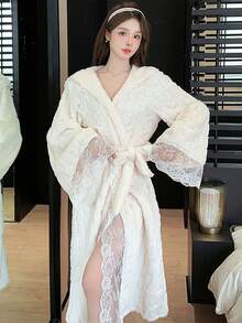 女士秋冬保暖连帽浴袍，拼接设计，甜美舒适，休闲可爱，系带腰身家居服，轻松惬意 - 柔软珊瑚绒 - 彩色 - 查看 2