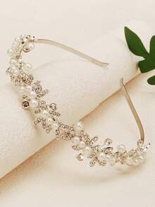 1件装水钻叶形锌合金新娘头箍，浪漫婚礼新娘伴娘皇冠发箍情人节配饰 - 銀色 - 查看 4